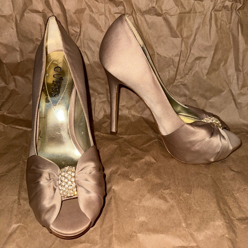 Guess Taupe Satin Heels with Rhinestone Bow